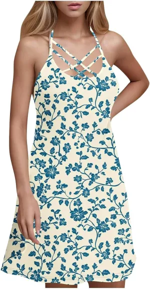 Women's Sleeveless Casual Sun Dress Cute Flower Graphic Print Beach Dresses Loose Fit A Line Vintage Clothes