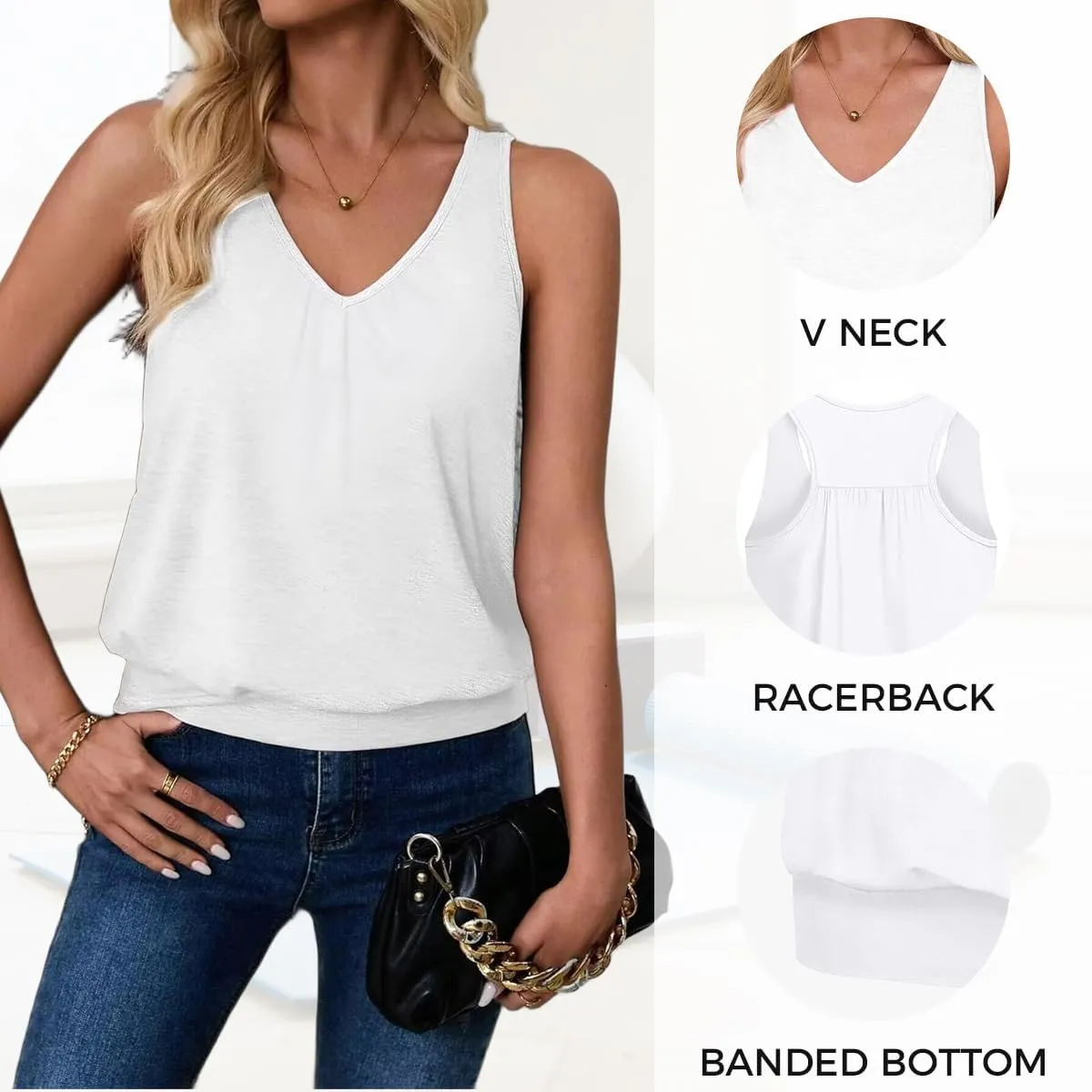 Womens Sleeveless V-Neck Tank Tops Workout Loose Fit Tops for Women Athletic Banded Bottom Tank Casual Shirts