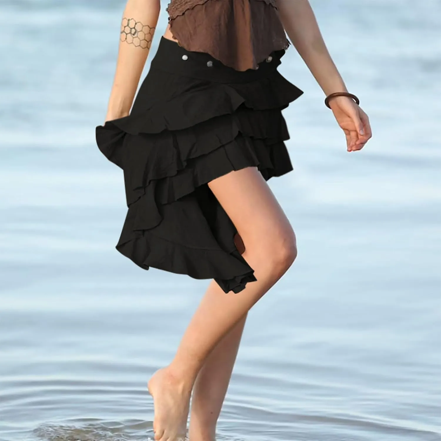 Women's Summer Beach Skirts Irregular Layered Solid Color Skirt High Waisted Flowy Solid Color Button Skirts