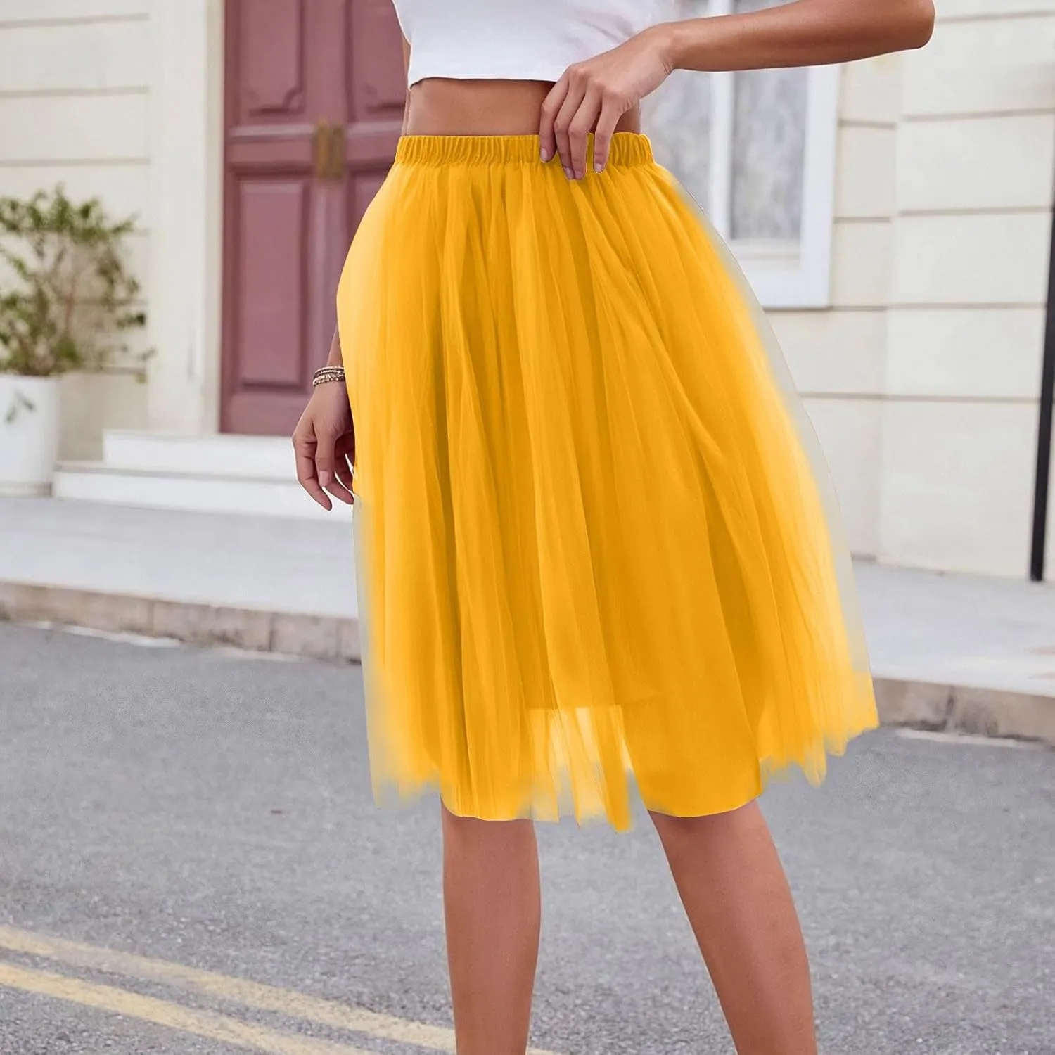 Women's Summer Casual Loose Trendy Elastic High Waist Solid Color Fluffy Mesh Party Flowy A-Line Latin Skirts 2025, M-XL