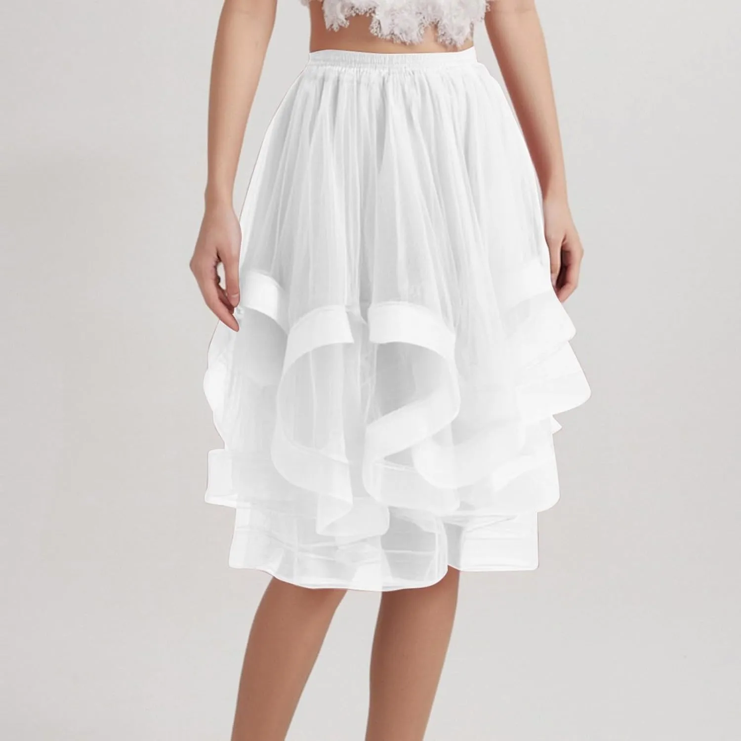 Women's Summer Casual Loose Trendy Elastic High Waist Solid Color Fluffy Mesh Party Latin Dance Flowy Skirts 2025, S-XL