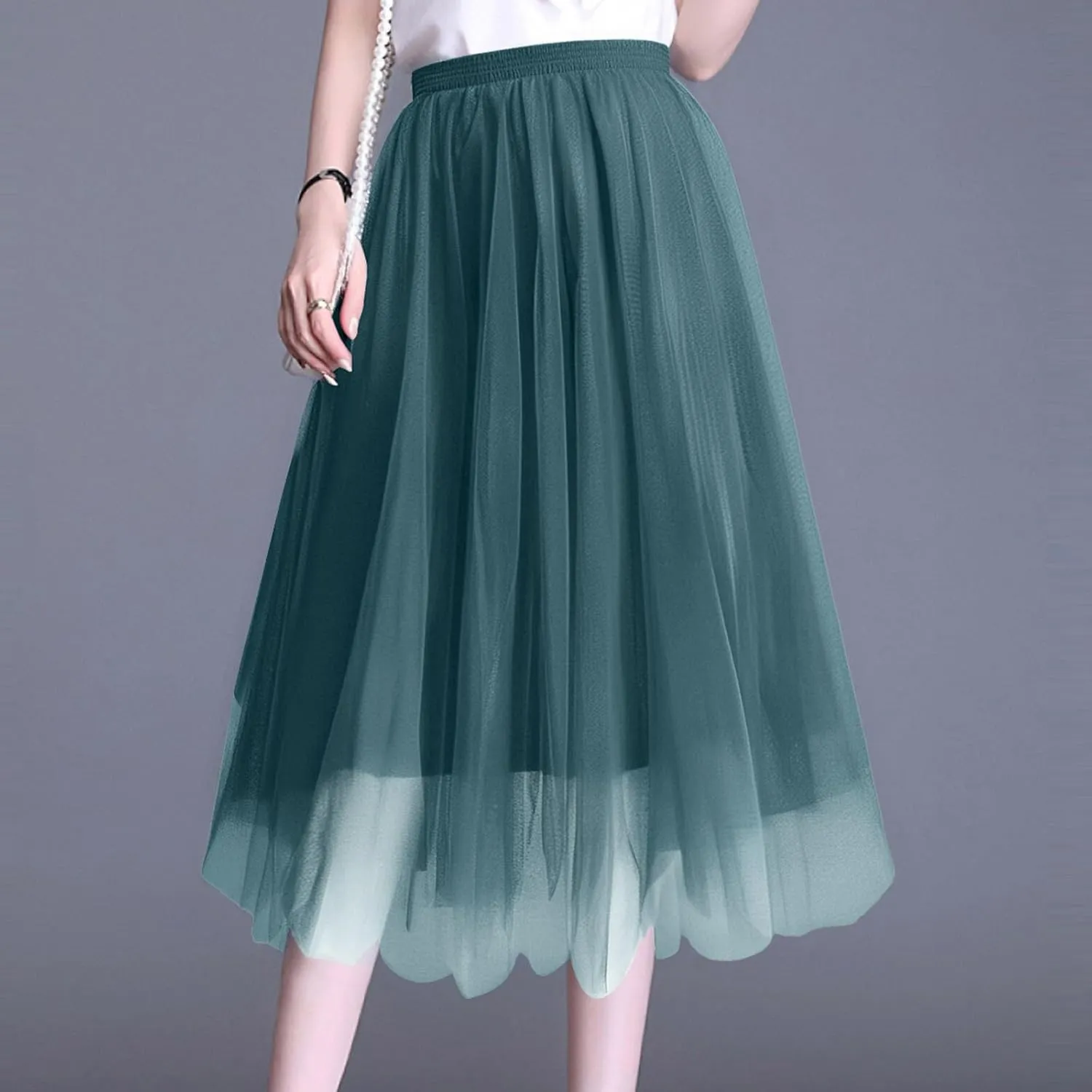 Women's Summer Casual Loose Trendy Elastic High Waist Solid Color Long Maxi Party Dance Fluffy Mesh Tulle Skirts 2025