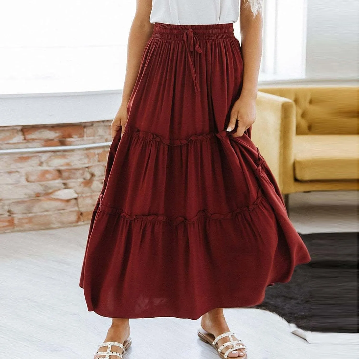 Women's Summer Casual Maxi Skirts Ruffle High Waist Solid Pleated Tiered Skirt