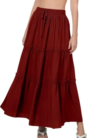 Women's Summer Casual Maxi Skirts Ruffle High Waist Solid Pleated Tiered Skirt