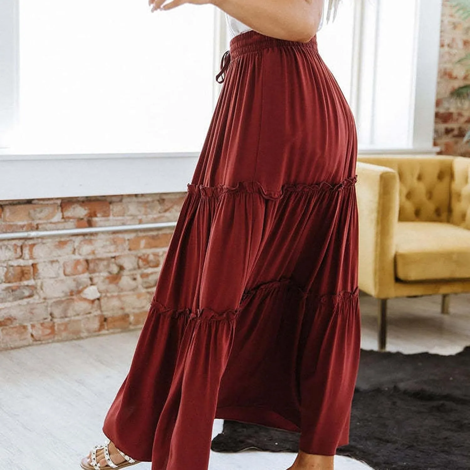 Women's Summer Casual Maxi Skirts Ruffle High Waist Solid Pleated Tiered Skirt