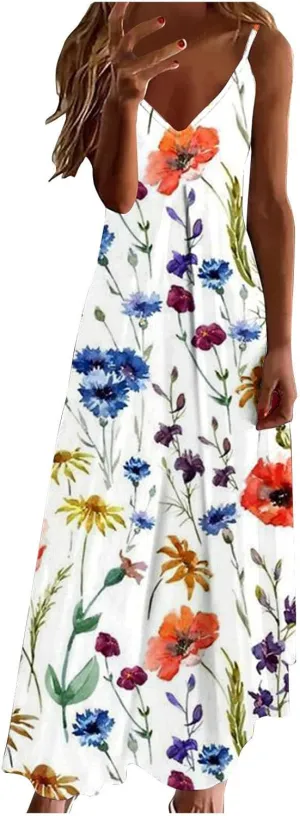 Womens Summer Dresses Boho Floral Graphic Print Maxi Dresses Loose Vintage Casual Fashion Sundresses