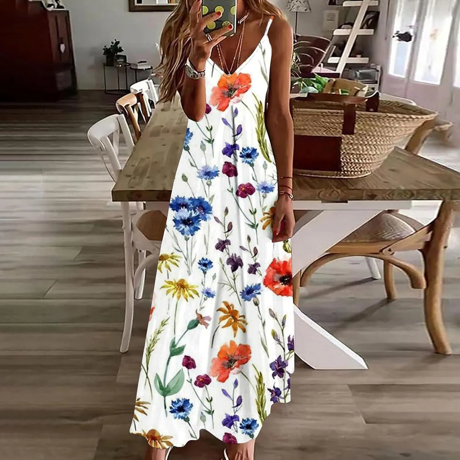 Womens Summer Dresses Boho Floral Graphic Print Maxi Dresses Loose Vintage Casual Fashion Sundresses