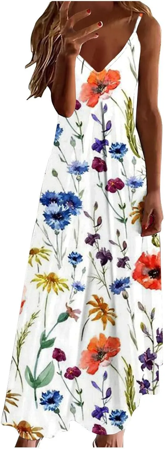 Womens Summer Dresses Boho Floral Graphic Print Maxi Dresses Loose Vintage Casual Fashion Sundresses