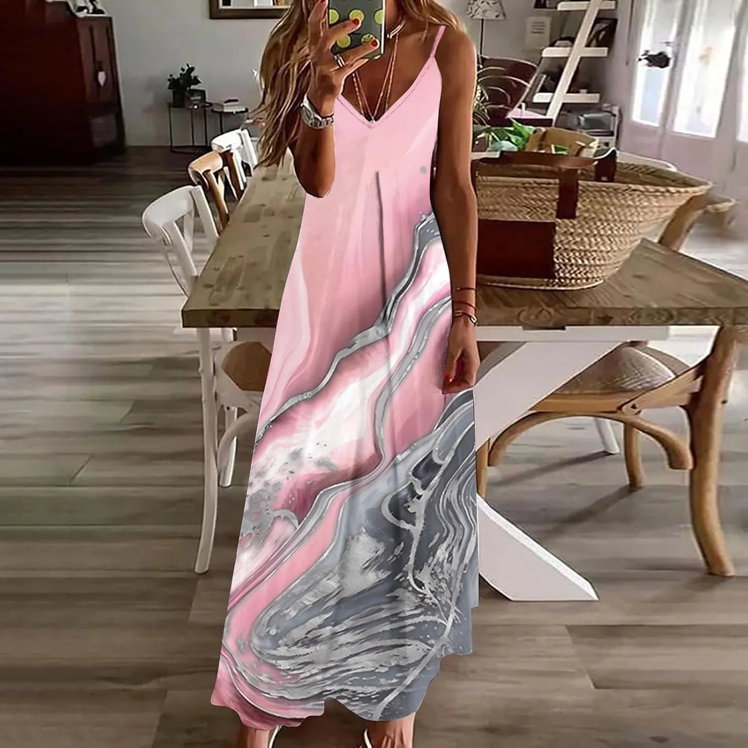 Womens Summer Dresses Boho Floral Graphic Print Maxi Dresses Loose Vintage Casual Fashion Sundresses
