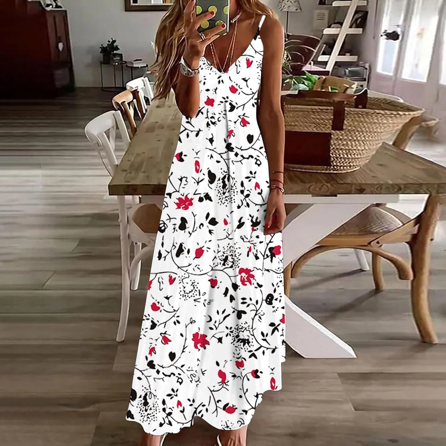 Womens Summer Dresses Boho Floral Graphic Print Maxi Dresses Loose Vintage Casual Fashion Sundresses