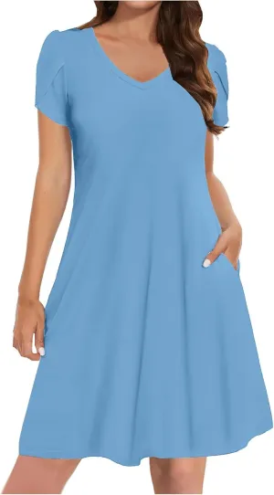 Womens Summer Dresses Short Sleeve A Line Sundresses V-Neck Trendy Loose Casual Boho Beach Dress with Pockets