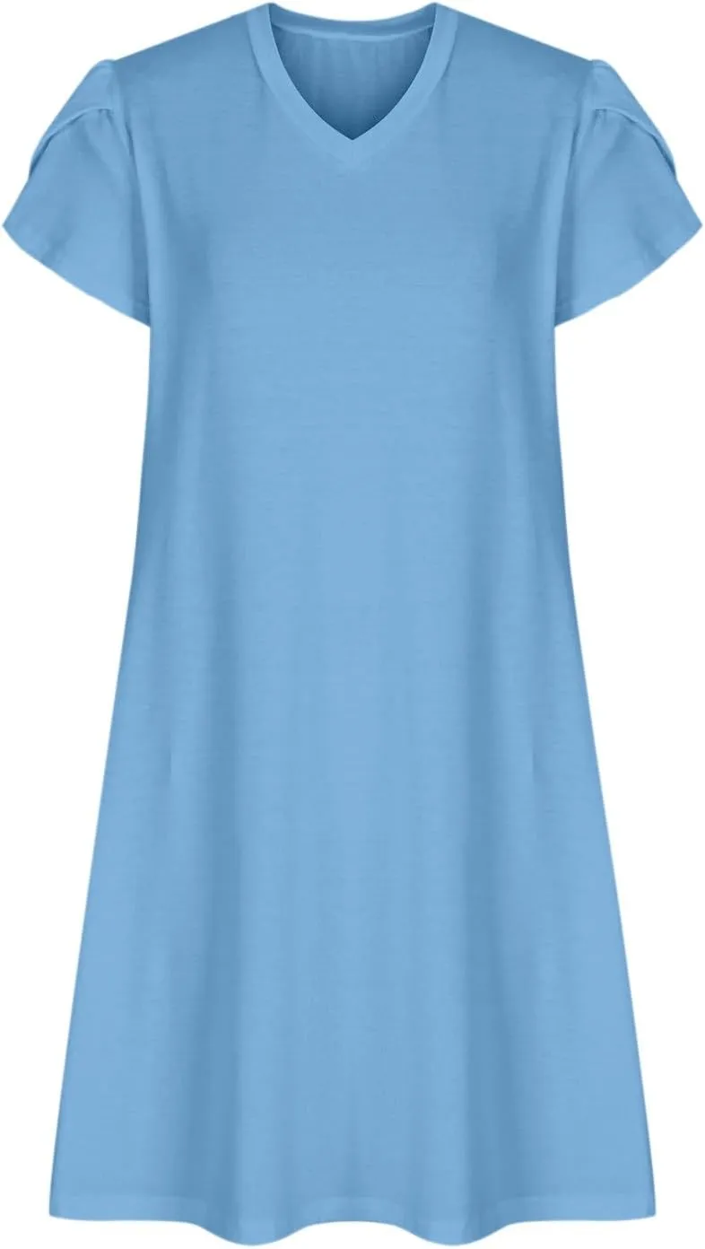 Womens Summer Dresses Short Sleeve A Line Sundresses V-Neck Trendy Loose Casual Boho Beach Dress with Pockets