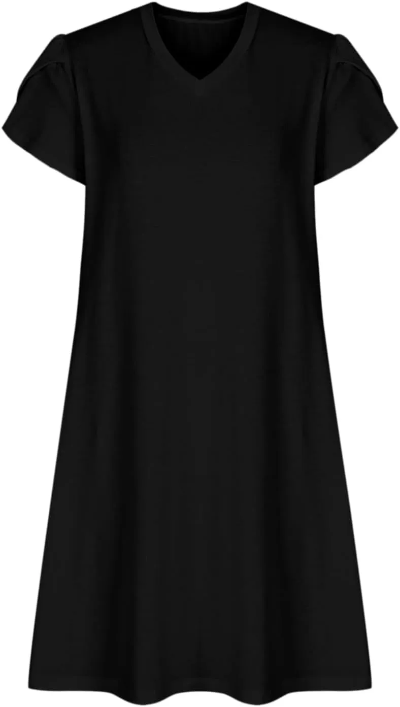 Womens Summer Dresses Short Sleeve A Line Sundresses V-Neck Trendy Loose Casual Boho Beach Dress with Pockets