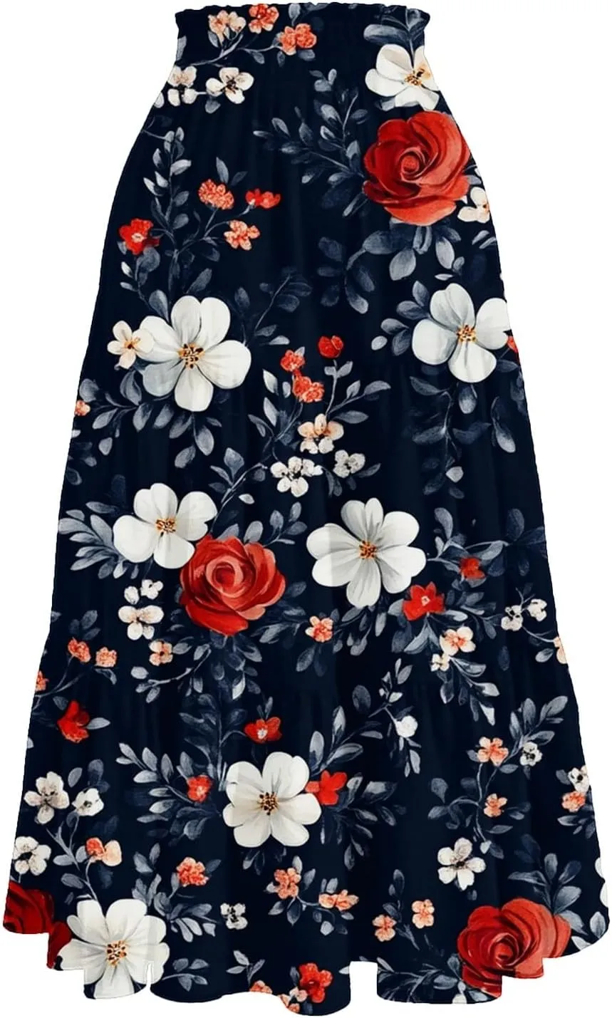 Women's Summer Skirt 2025 Ditzy Floral Print Skirt Boho Stretch High Waist Ruffle Hem Midi Skirts, S-XL