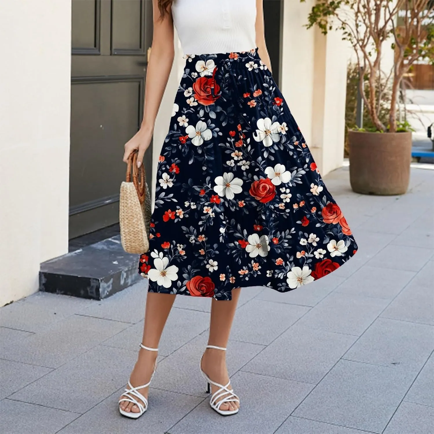 Women's Summer Skirt 2025 Ditzy Floral Print Skirt Boho Stretch High Waist Ruffle Hem Midi Skirts, S-XL