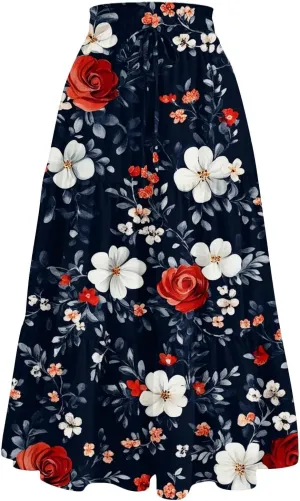 Women's Summer Skirt 2025 Ditzy Floral Print Skirt Boho Stretch High Waist Ruffle Hem Midi Skirts, S-XL
