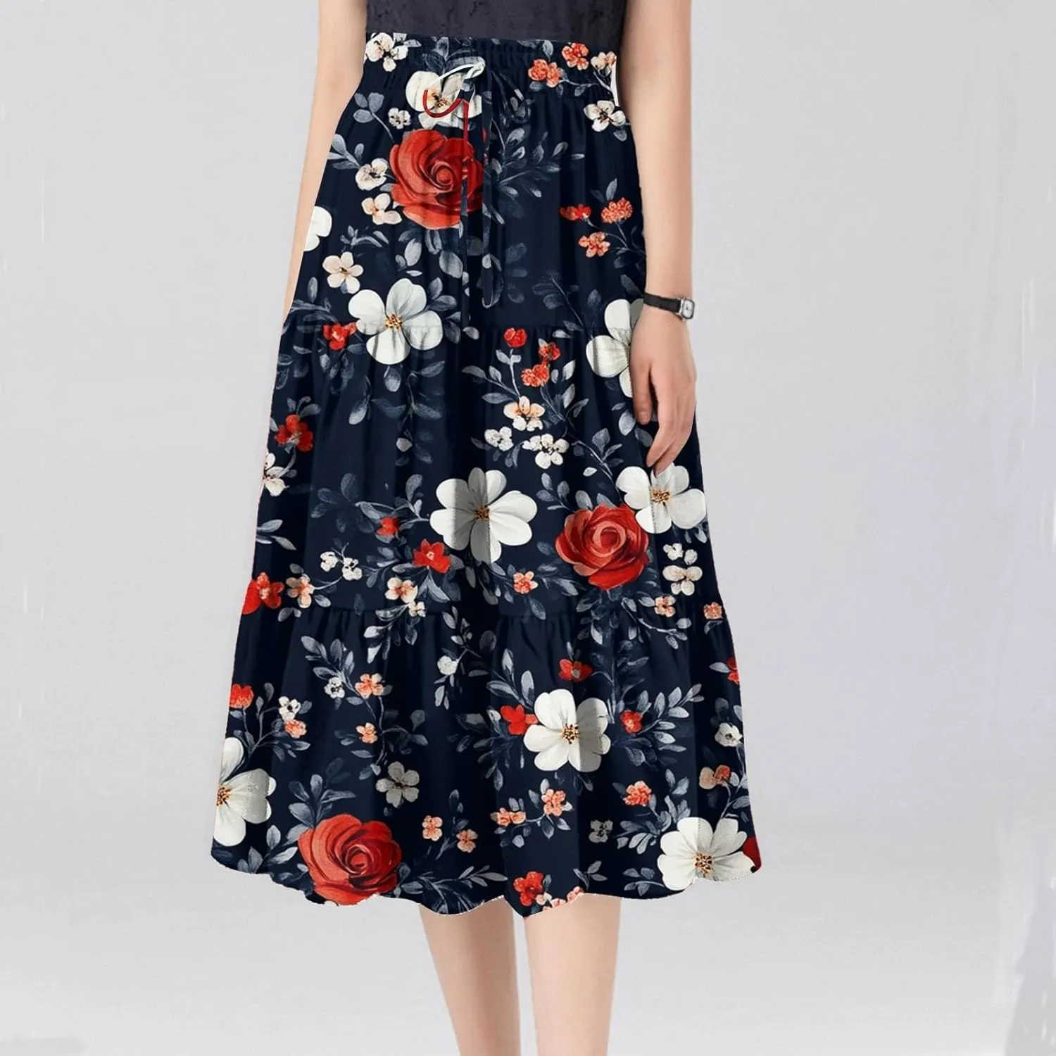 Women's Summer Skirt 2025 Ditzy Floral Print Skirt Boho Stretch High Waist Ruffle Hem Midi Skirts, S-XL