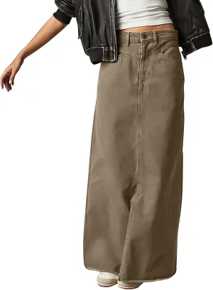 Women's Summer Skirts 2025 Casual Loose Trendy Elastic Waist Solid Color Sun Beach Long Maxi Denim Skirt, S-XL
