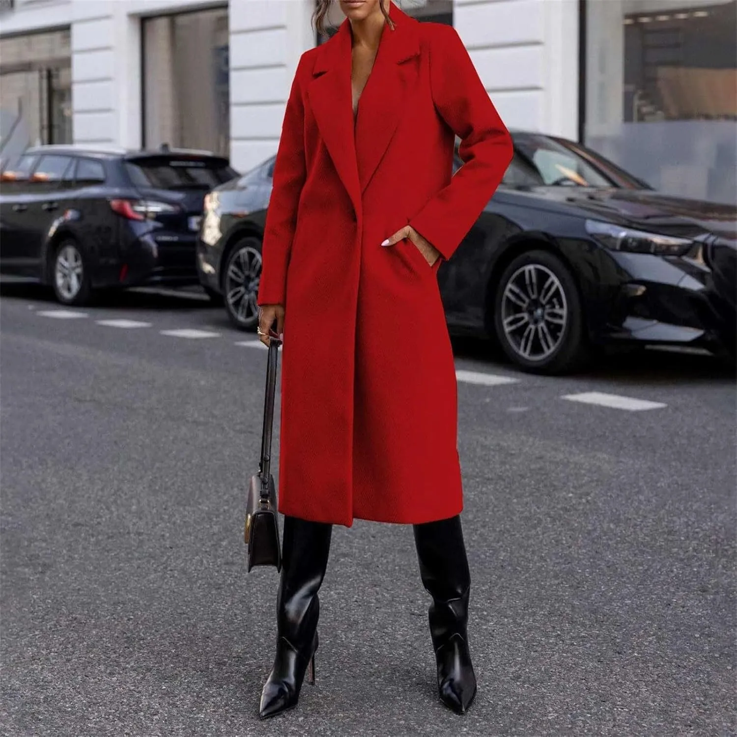 Womens Winter Long Pea Coat Retro Lapel Collar Single Breasted Maxi Long Peacoat Jacket Elegant Office Work Overcoat