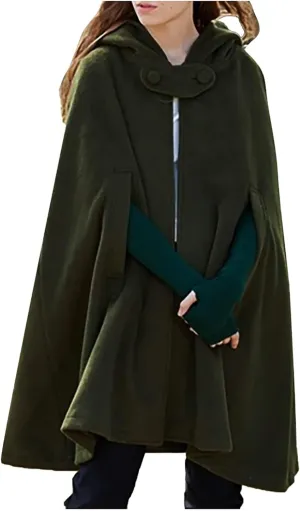 Women's Wool Blend Hooded Cape Mid-Length Cloak Pea Coats Winter Open Front Cardigans Vintage Trench Outwear