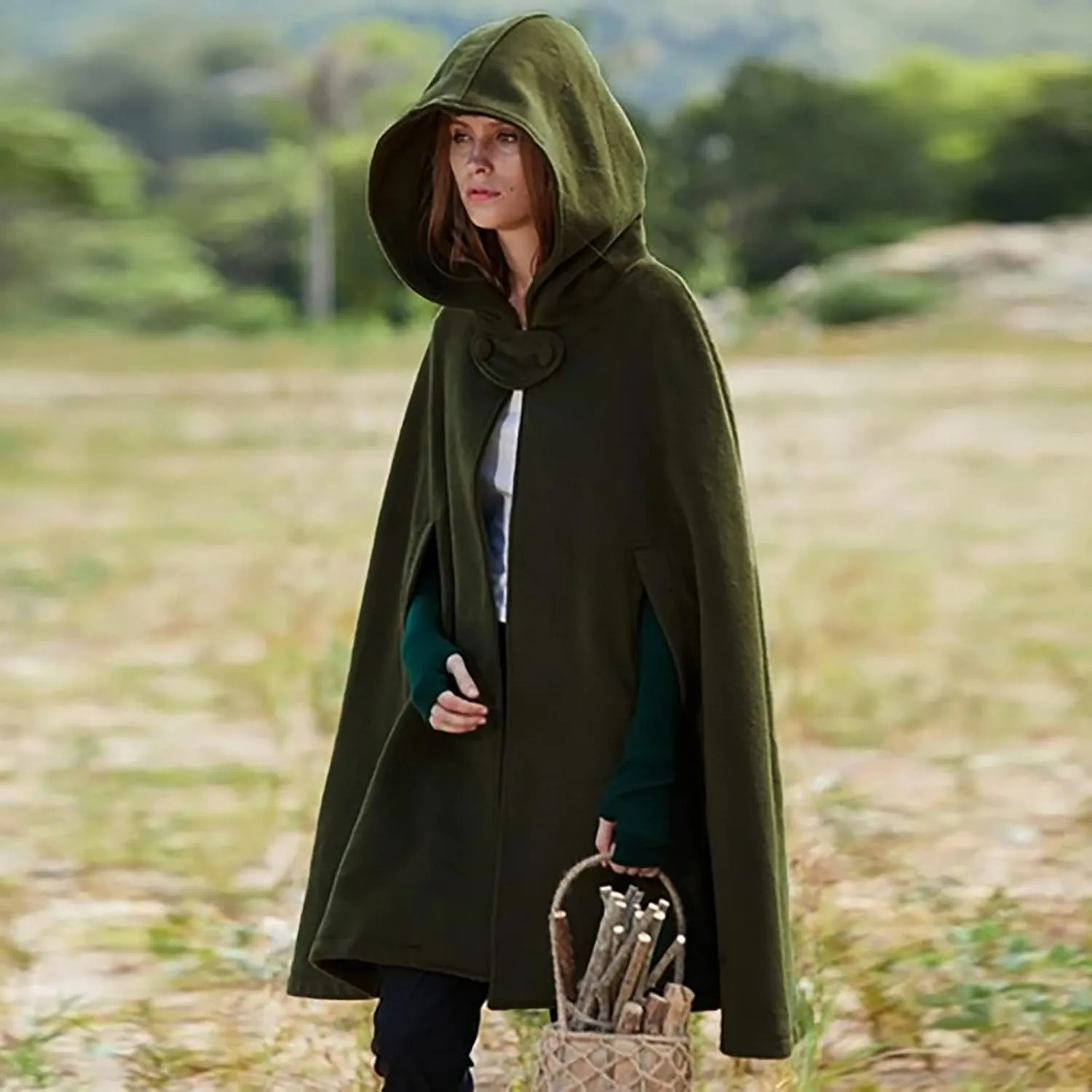 Women's Wool Blend Hooded Cape Mid-Length Cloak Pea Coats Winter Open Front Cardigans Vintage Trench Outwear