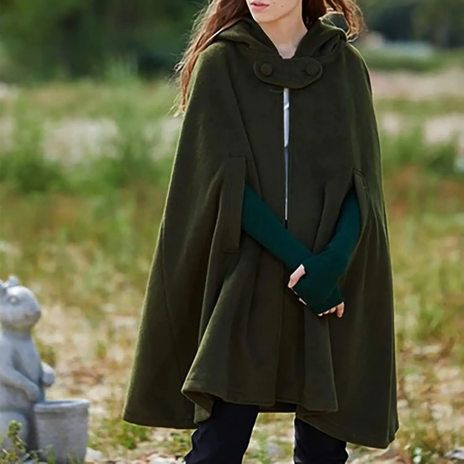 Women's Wool Blend Hooded Cape Mid-Length Cloak Pea Coats Winter Open Front Cardigans Vintage Trench Outwear
