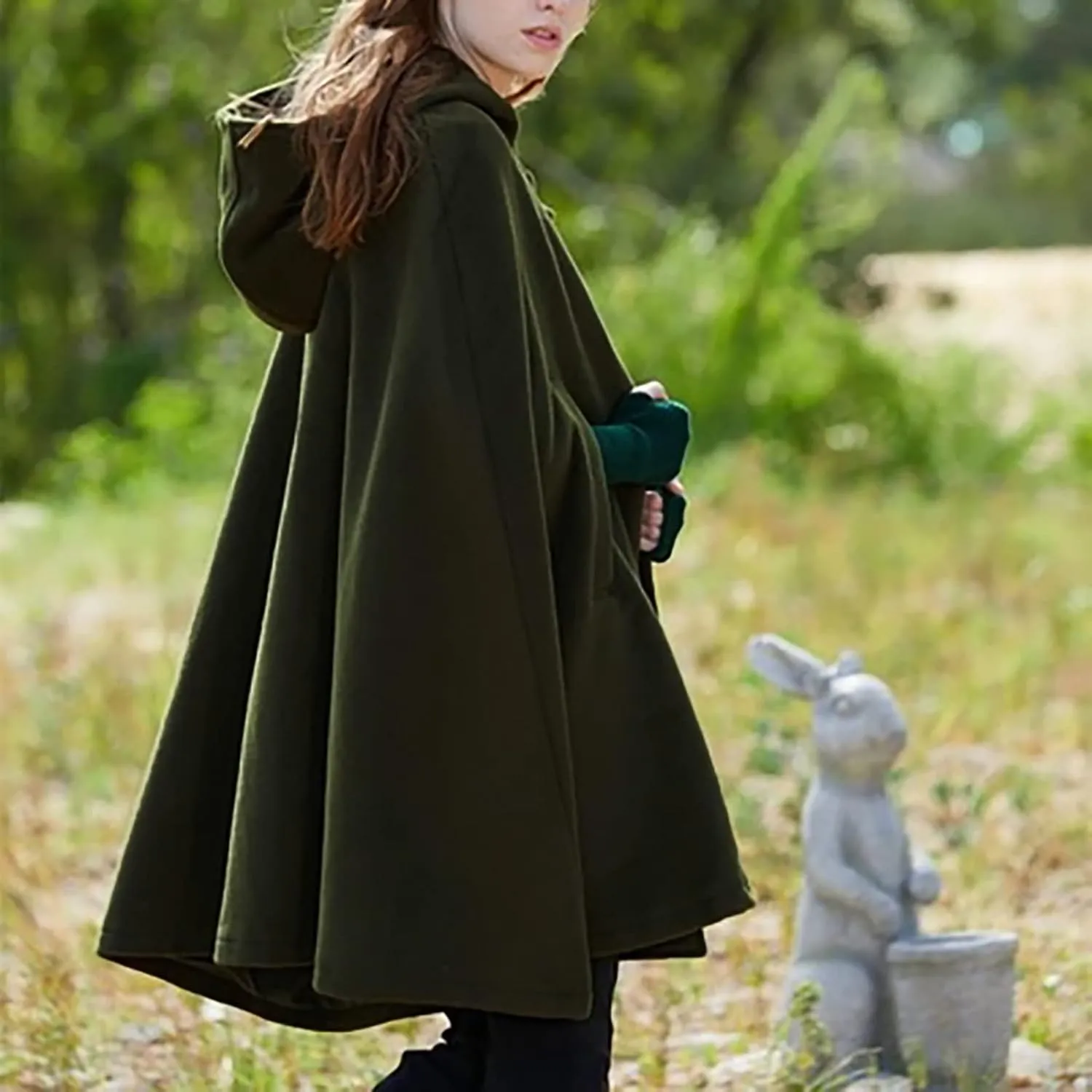 Women's Wool Blend Hooded Cape Mid-Length Cloak Pea Coats Winter Open Front Cardigans Vintage Trench Outwear