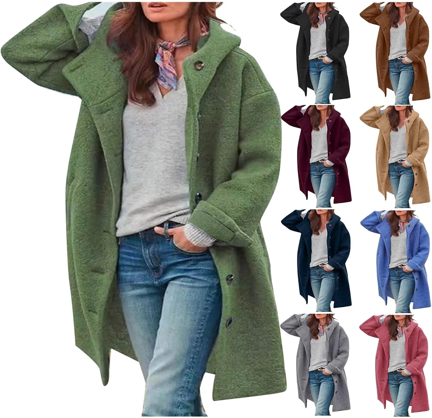 Womens Wool Blend Pea Coat with Hood Casual Botton Down Jacket Loose Fit Trench Coat Jacket