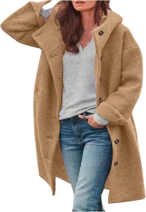 Womens Wool Blend Pea Coat with Hood Casual Botton Down Jacket Loose Fit Trench Coat Jacket
