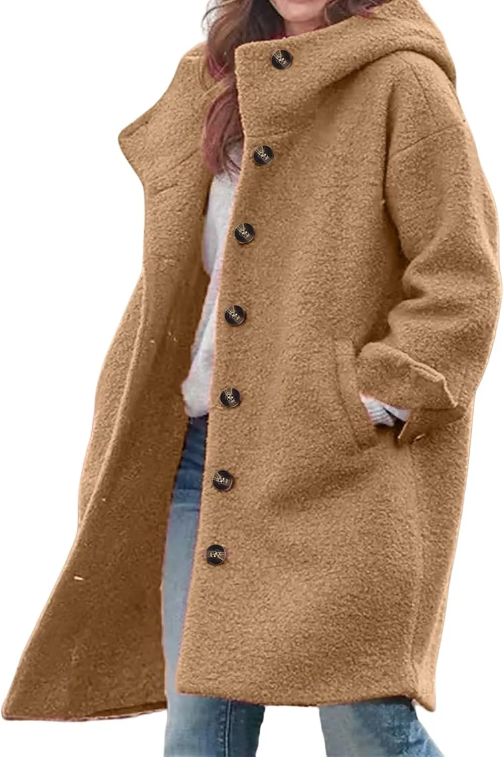 Womens Wool Blend Pea Coat with Hood Casual Botton Down Jacket Loose Fit Trench Coat Jacket