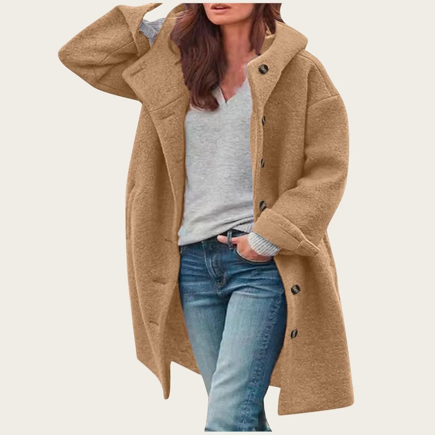 Womens Wool Blend Pea Coat with Hood Casual Botton Down Jacket Loose Fit Trench Coat Jacket