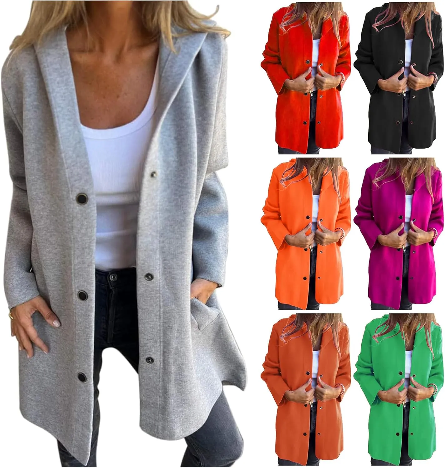 Womens Wool Blend Trench Coat Casual Single Breasted Hooded Jacket Elegant Winter Overcoat Work Office Pea Coats