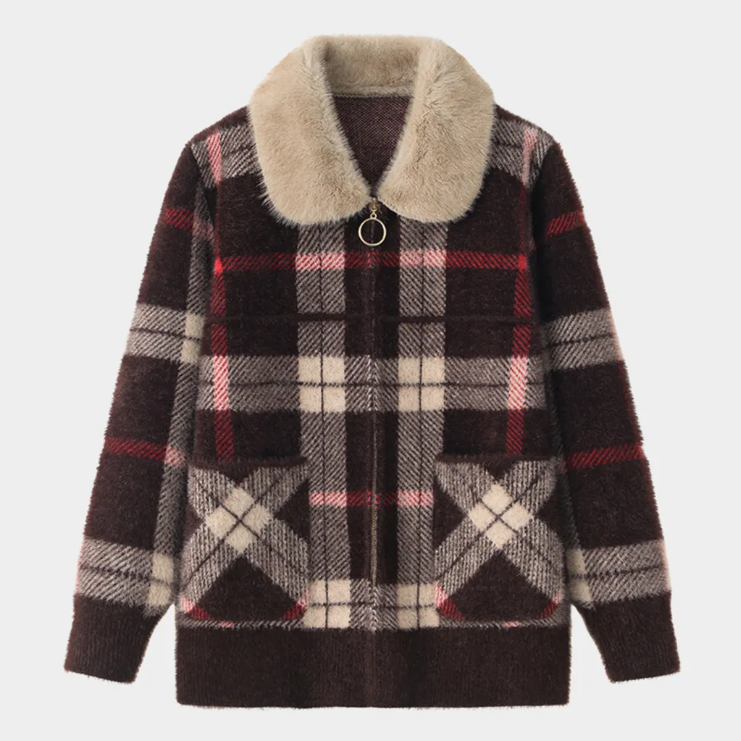 Womens Woolen Jacket  Faux Mink Fur Collar - Zipper Cardigan - Brown / Red