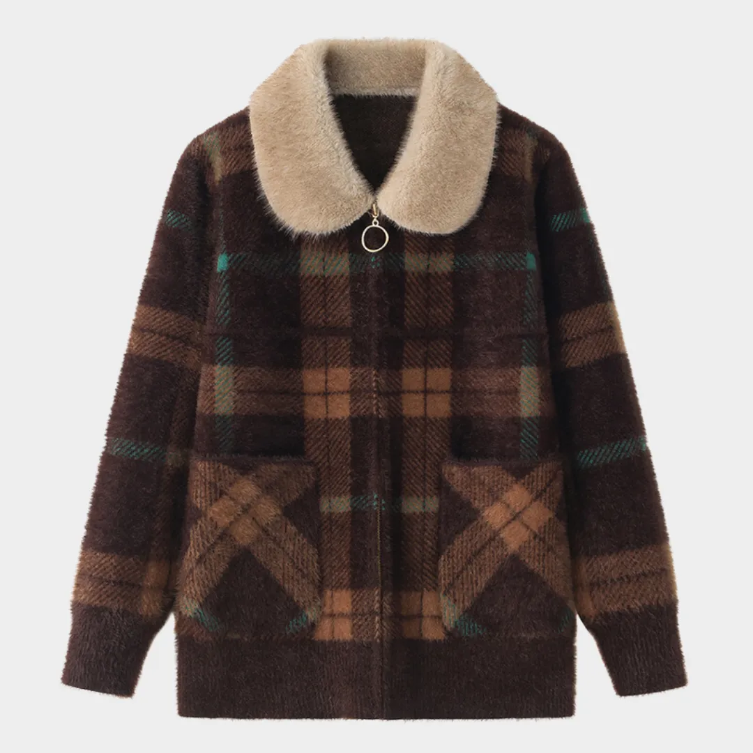 Womens Woolen Jacket  Faux Mink Fur Collar - Zipper Cardigan - Brown / Red