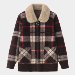 Womens Woolen Jacket  Faux Mink Fur Collar - Zipper Cardigan - Brown / Red