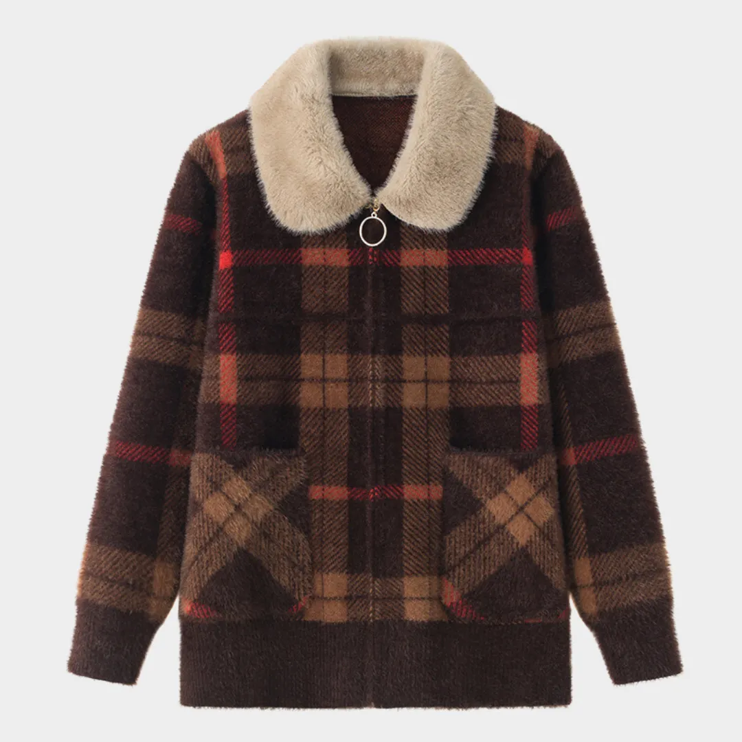 Womens Woolen Jacket  Faux Mink Fur Collar - Zipper Cardigan - Brown / Red