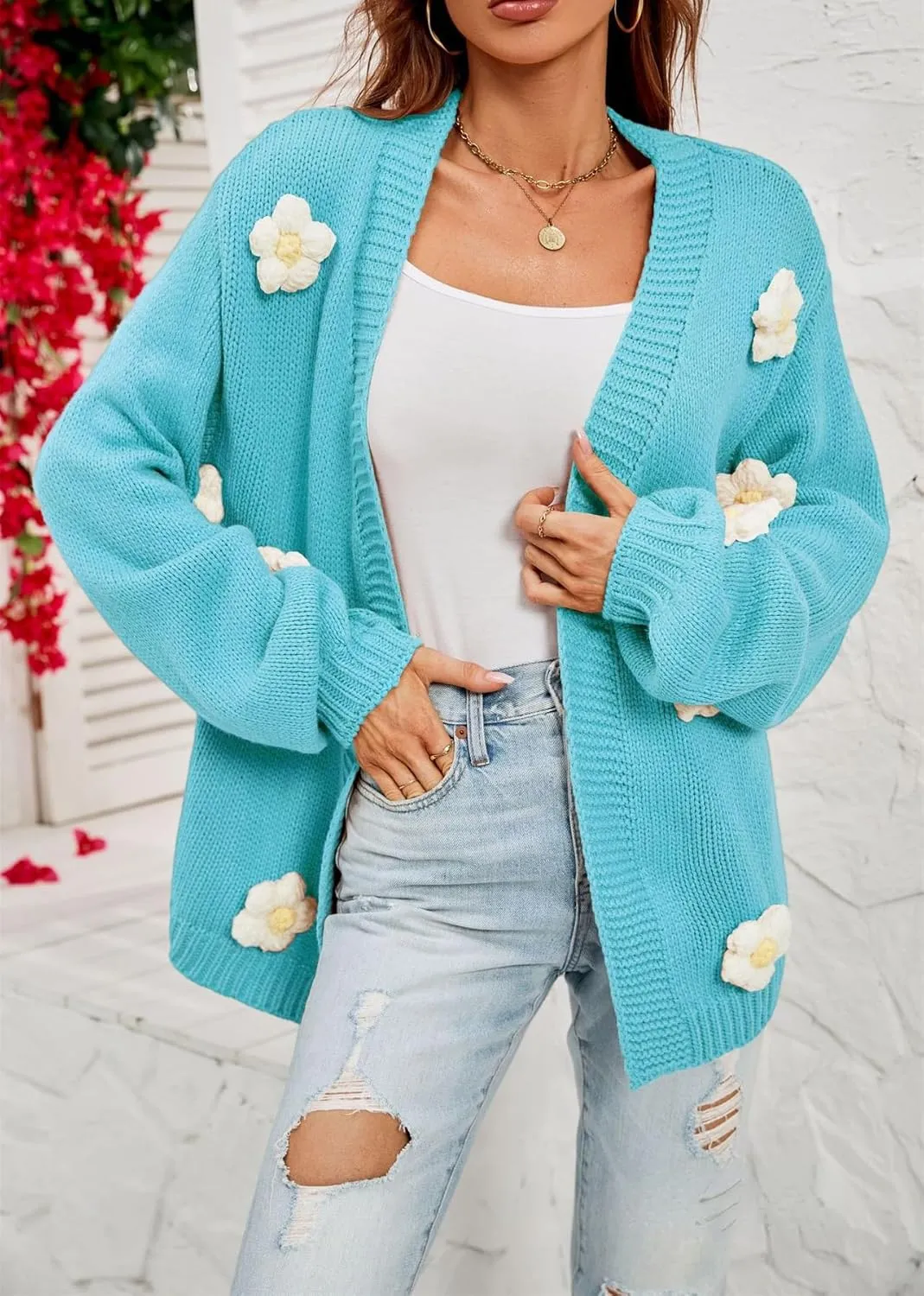 Womens Y2K Cute Cardigan Sweaters Open Front Cropped Flower Knit Jacket Vintage Preppy Aesthetic 90s Clothes Kawaii Sweater