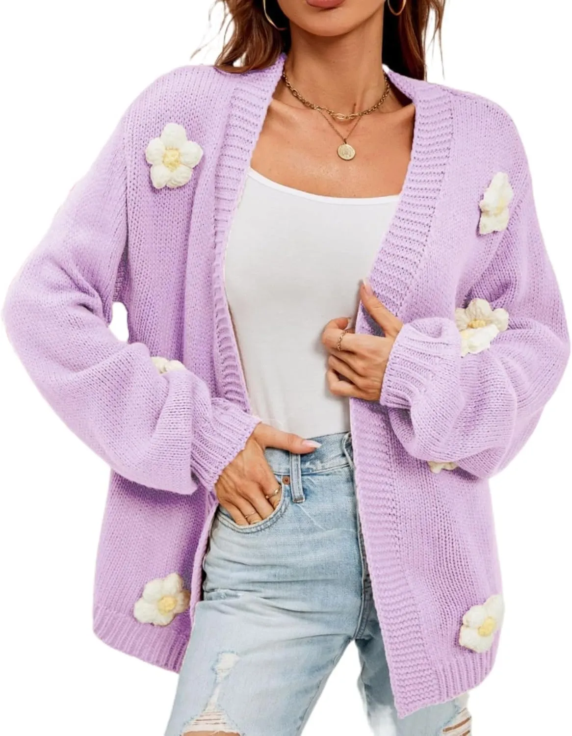 Womens Y2K Cute Cardigan Sweaters Open Front Cropped Flower Knit Jacket Vintage Preppy Aesthetic 90s Clothes Kawaii Sweater