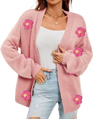 Womens Y2K Cute Cardigan Sweaters Open Front Cropped Flower Knit Jacket Vintage Preppy Aesthetic 90s Clothes Kawaii Sweater