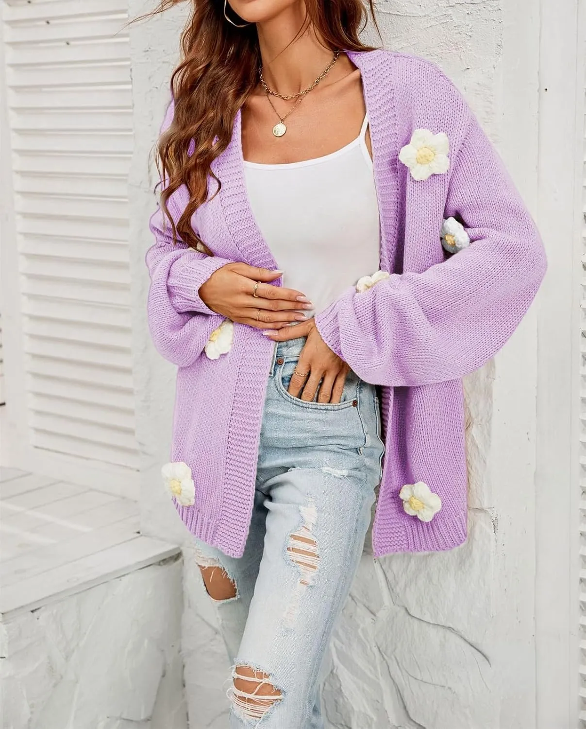 Womens Y2K Cute Cardigan Sweaters Open Front Cropped Flower Knit Jacket Vintage Preppy Aesthetic 90s Clothes Kawaii Sweater
