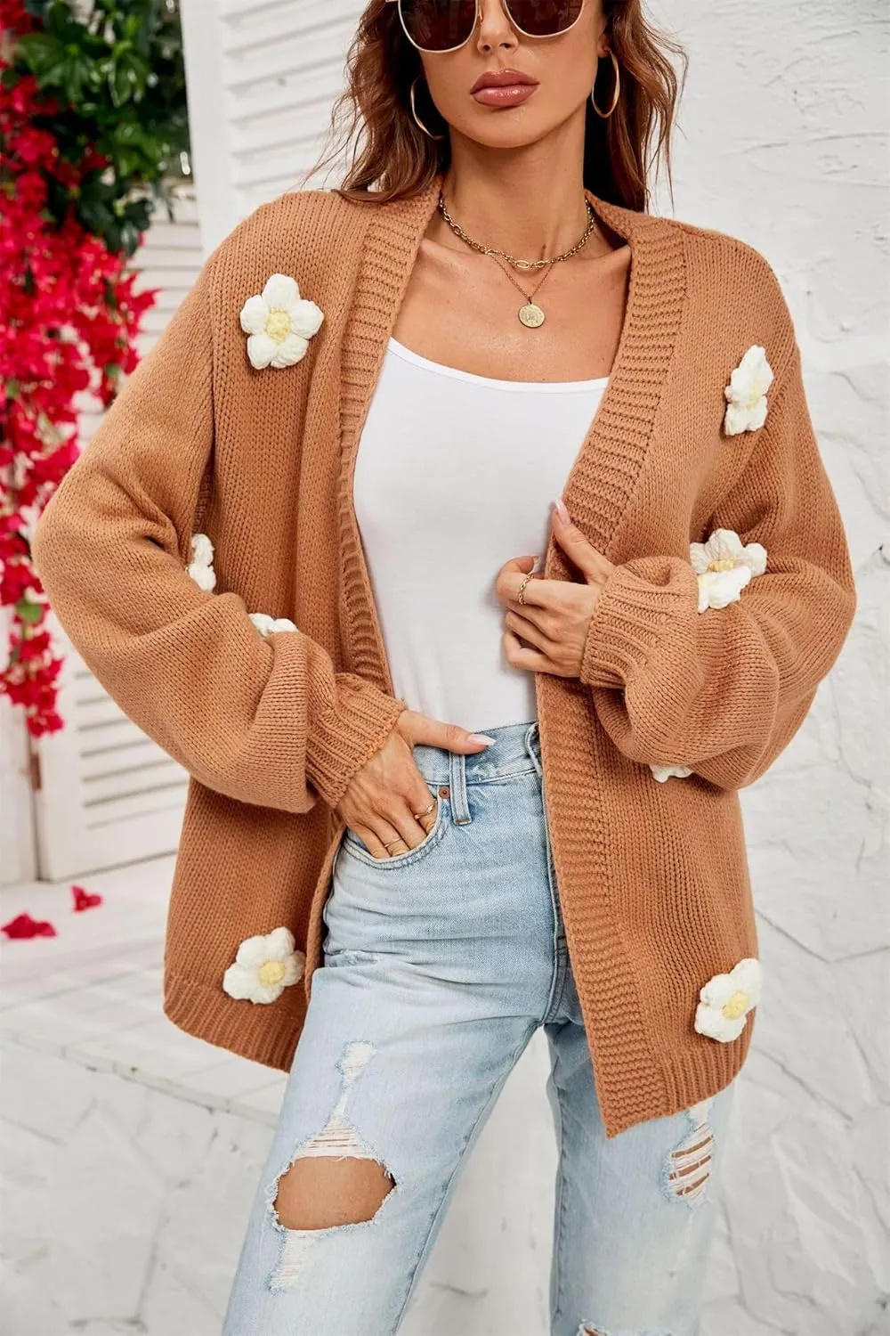 Womens Y2K Cute Cardigan Sweaters Open Front Cropped Flower Knit Jacket Vintage Preppy Aesthetic 90s Clothes Kawaii Sweater