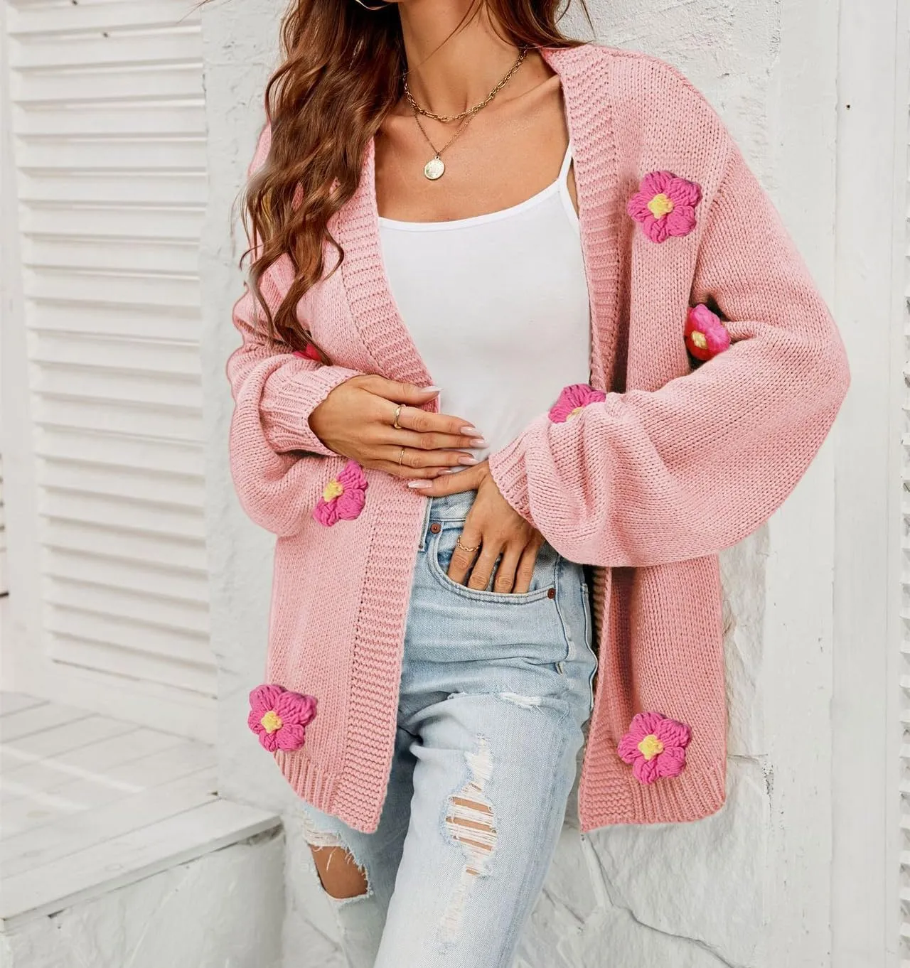 Womens Y2K Cute Cardigan Sweaters Open Front Cropped Flower Knit Jacket Vintage Preppy Aesthetic 90s Clothes Kawaii Sweater