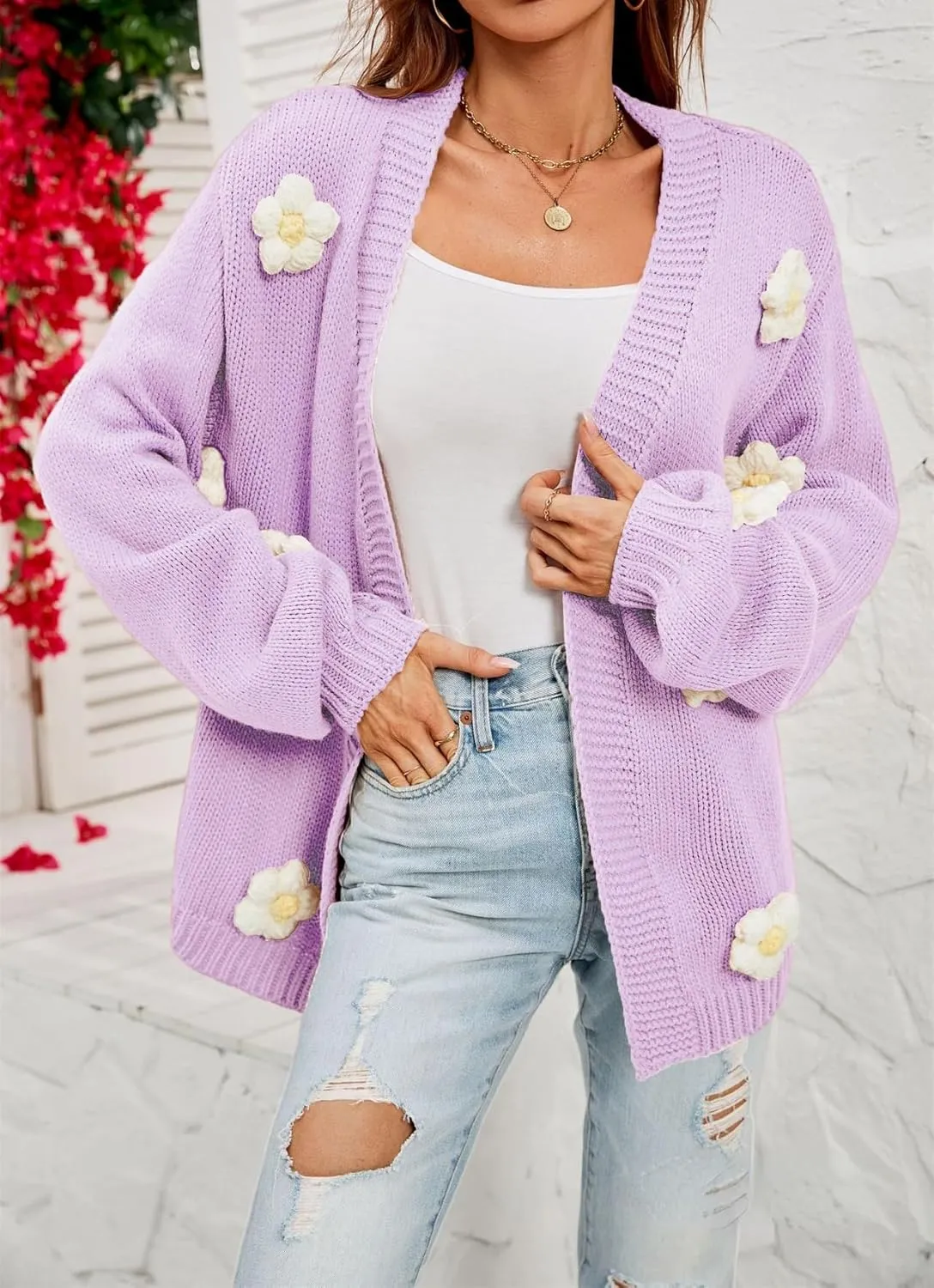 Womens Y2K Cute Cardigan Sweaters Open Front Cropped Flower Knit Jacket Vintage Preppy Aesthetic 90s Clothes Kawaii Sweater