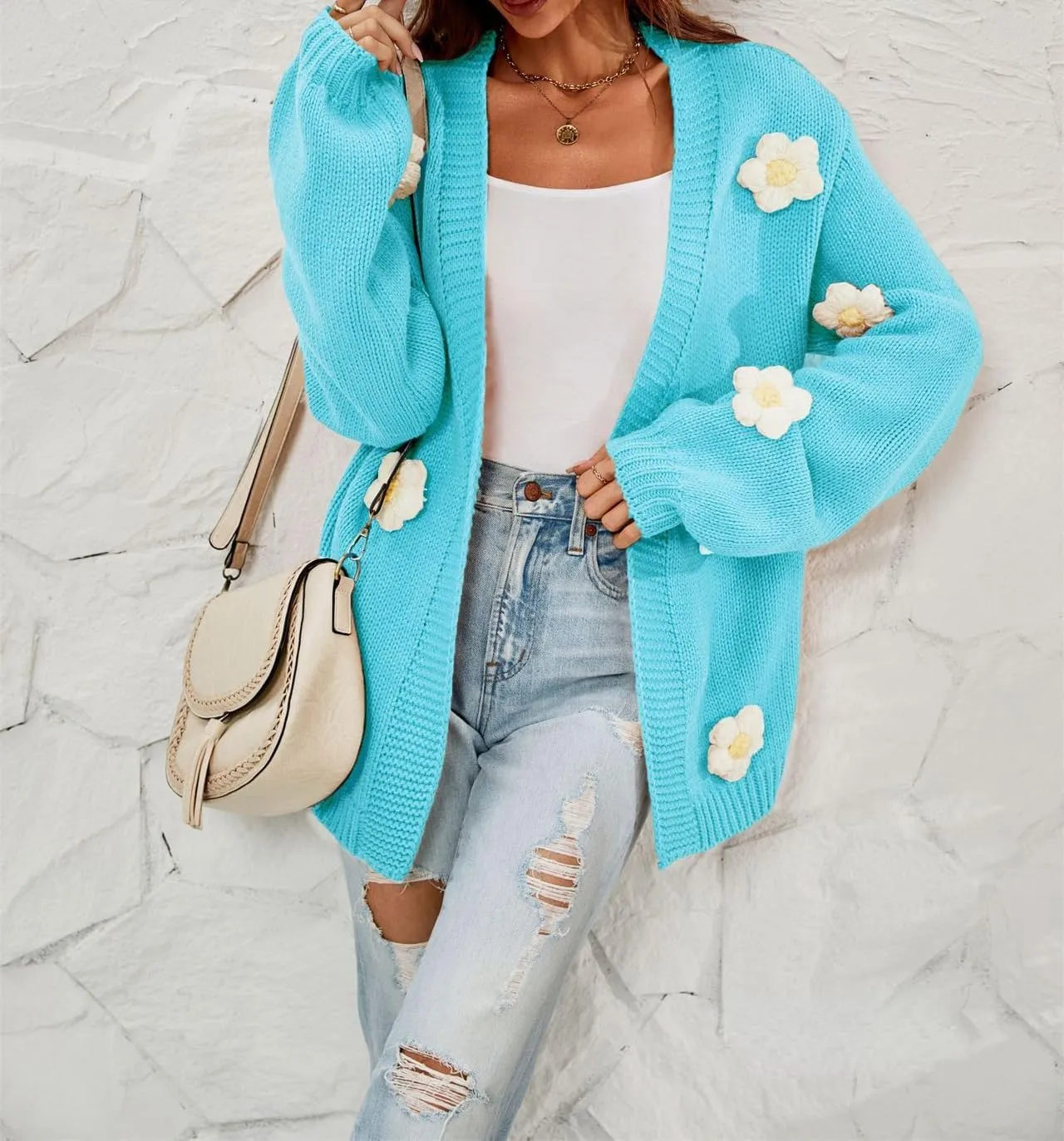 Womens Y2K Cute Cardigan Sweaters Open Front Cropped Flower Knit Jacket Vintage Preppy Aesthetic 90s Clothes Kawaii Sweater