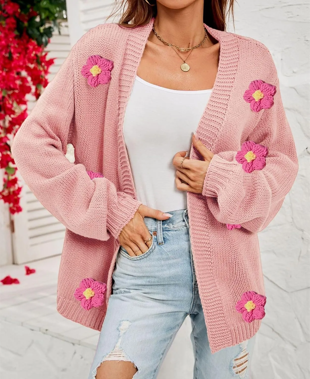 Womens Y2K Cute Cardigan Sweaters Open Front Cropped Flower Knit Jacket Vintage Preppy Aesthetic 90s Clothes Kawaii Sweater