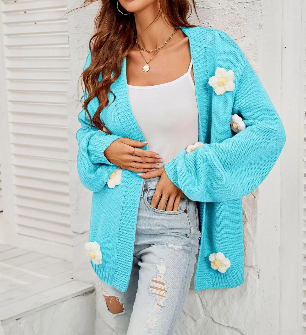 Womens Y2K Cute Cardigan Sweaters Open Front Cropped Flower Knit Jacket Vintage Preppy Aesthetic 90s Clothes Kawaii Sweater