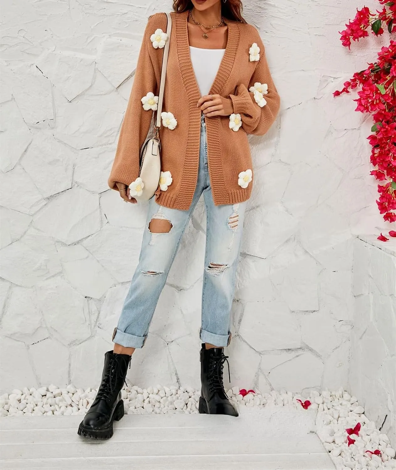 Womens Y2K Cute Cardigan Sweaters Open Front Cropped Flower Knit Jacket Vintage Preppy Aesthetic 90s Clothes Kawaii Sweater