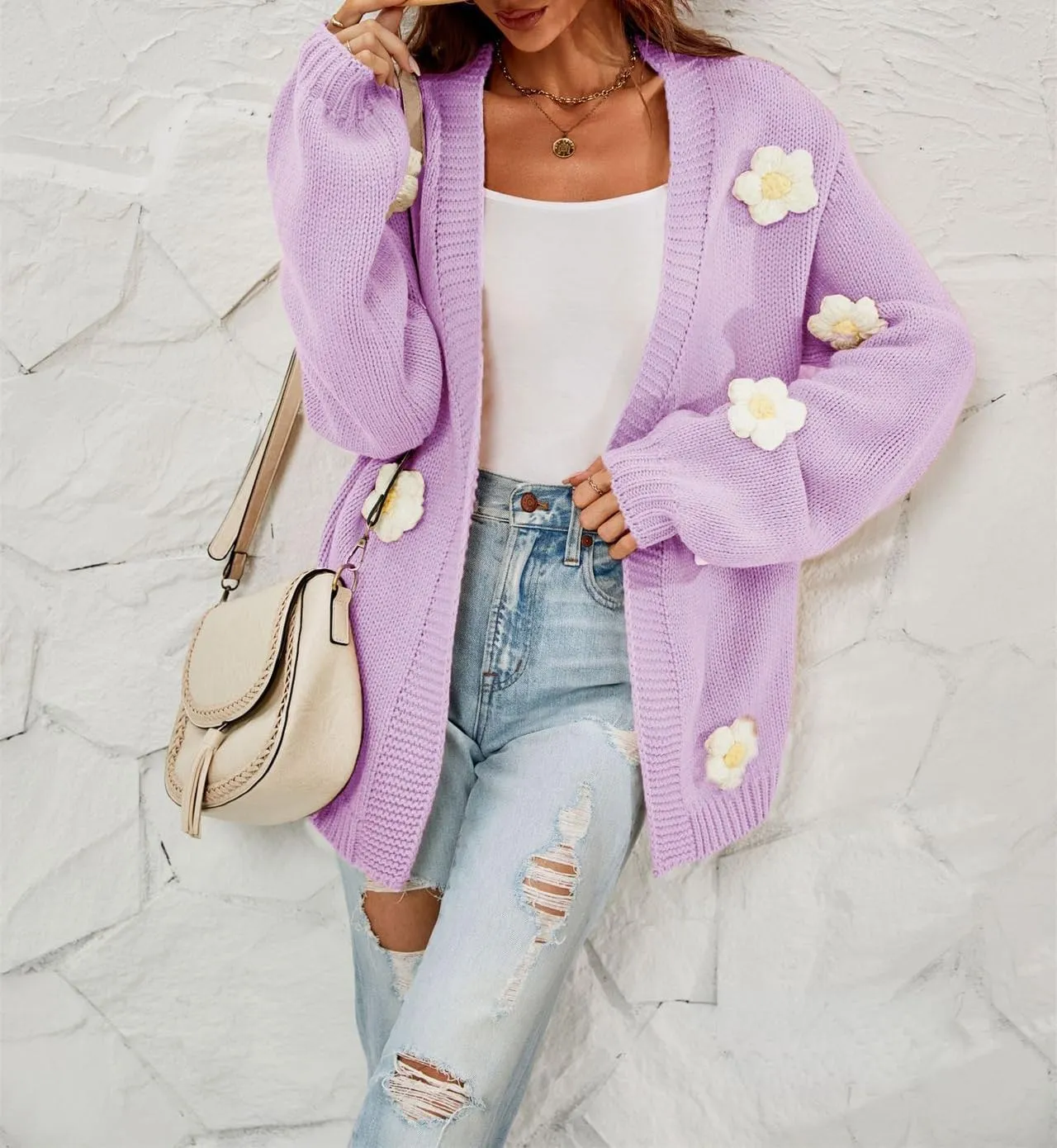 Womens Y2K Cute Cardigan Sweaters Open Front Cropped Flower Knit Jacket Vintage Preppy Aesthetic 90s Clothes Kawaii Sweater