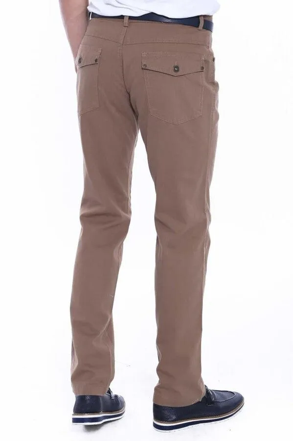 WSS Flap Pockets Suede Slim Fit Light Brown Men Pants  - Singen