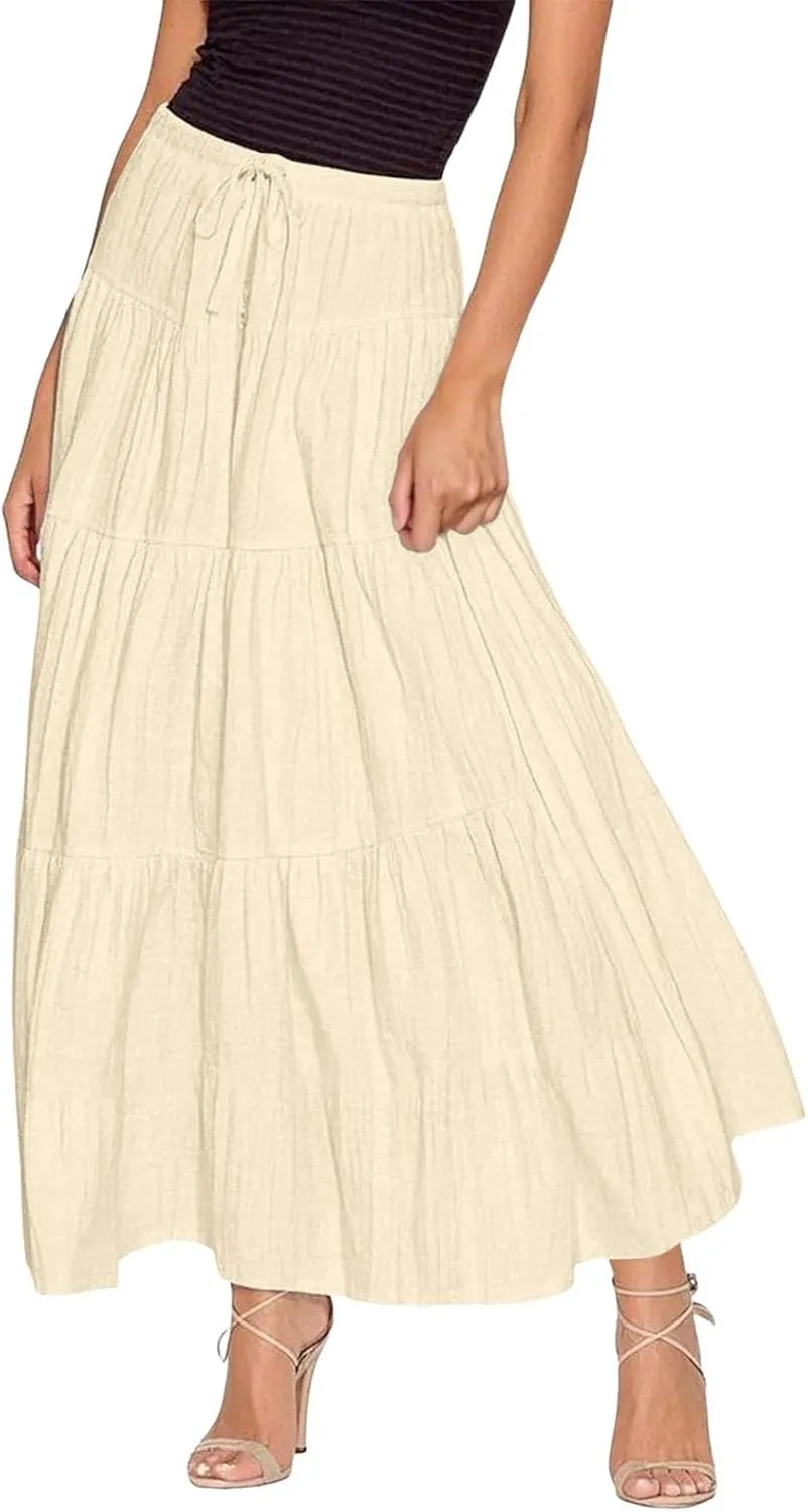 XOWRTE Women's Flowy Flared Ruffle Boho Long Skirt Summer Maxi Skirt A-Line Fashion Trendy Elastic Waist Pleated Beach Dress